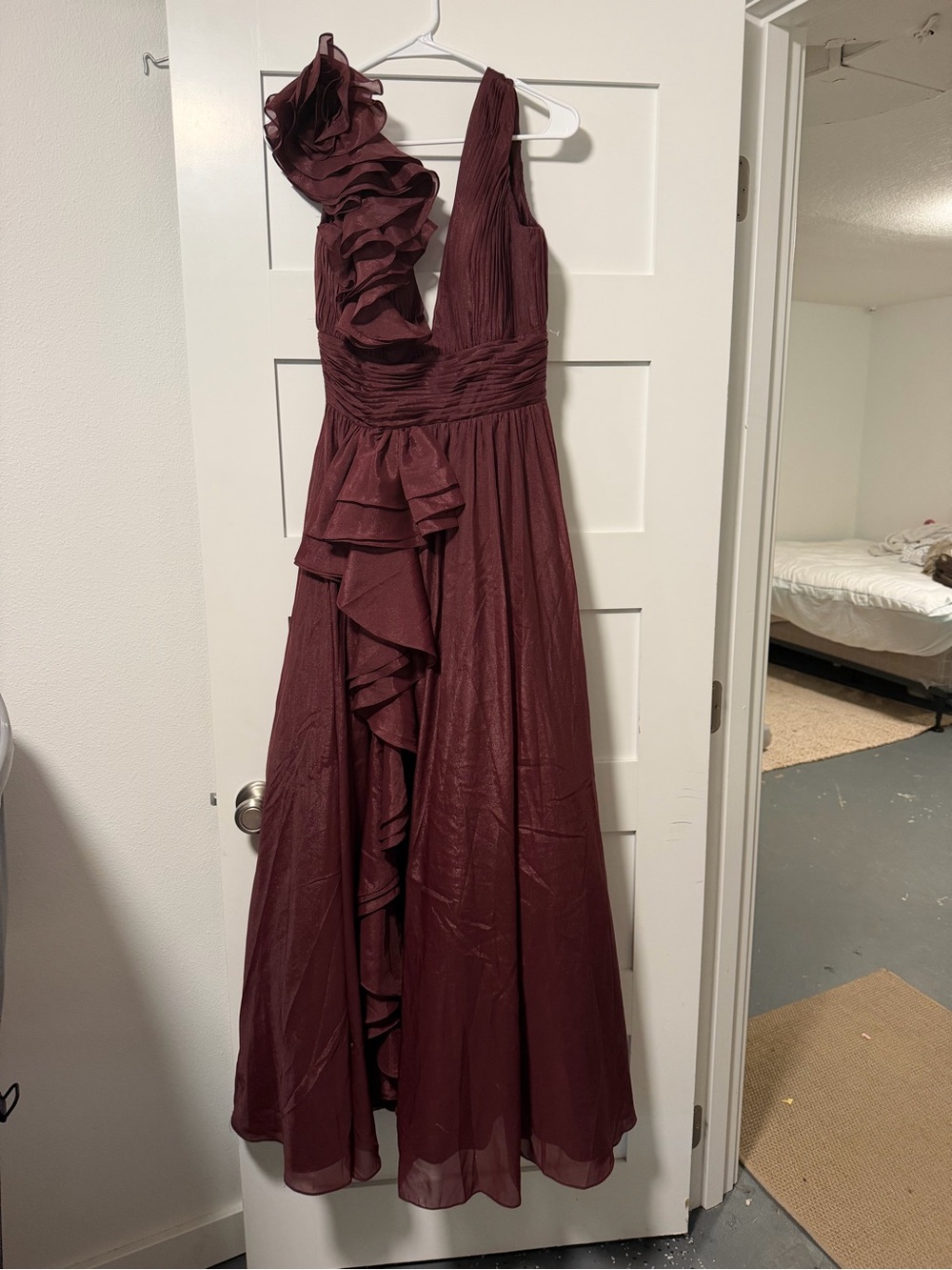 Xscape One-Shoulder Burgundy Ruffled Evening Gown